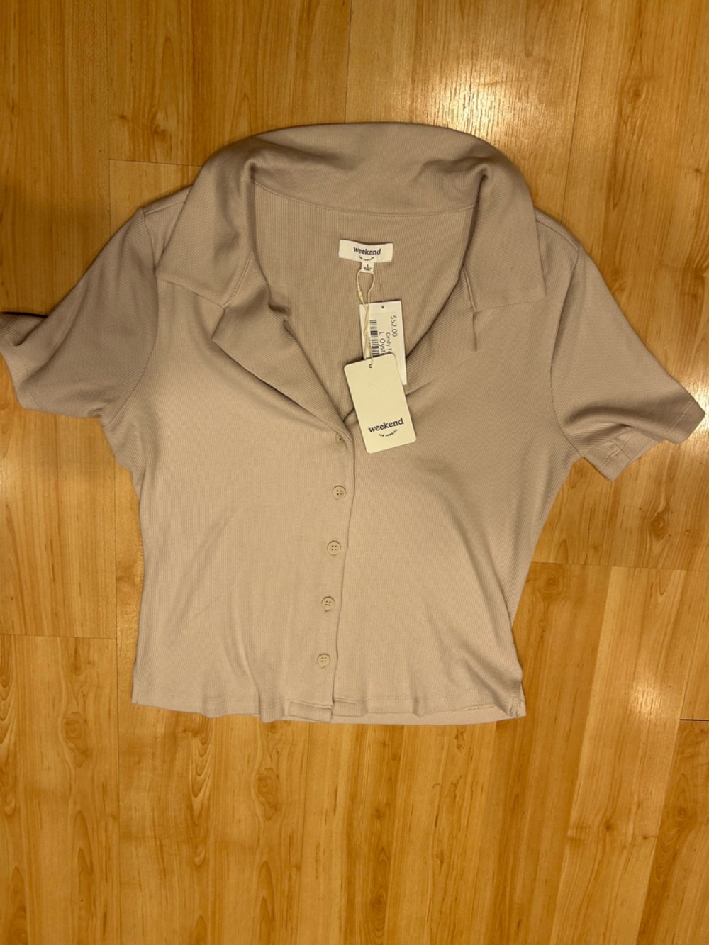 Weekday Ribbed Button-Front Short Sleeve Top in Light Taupe